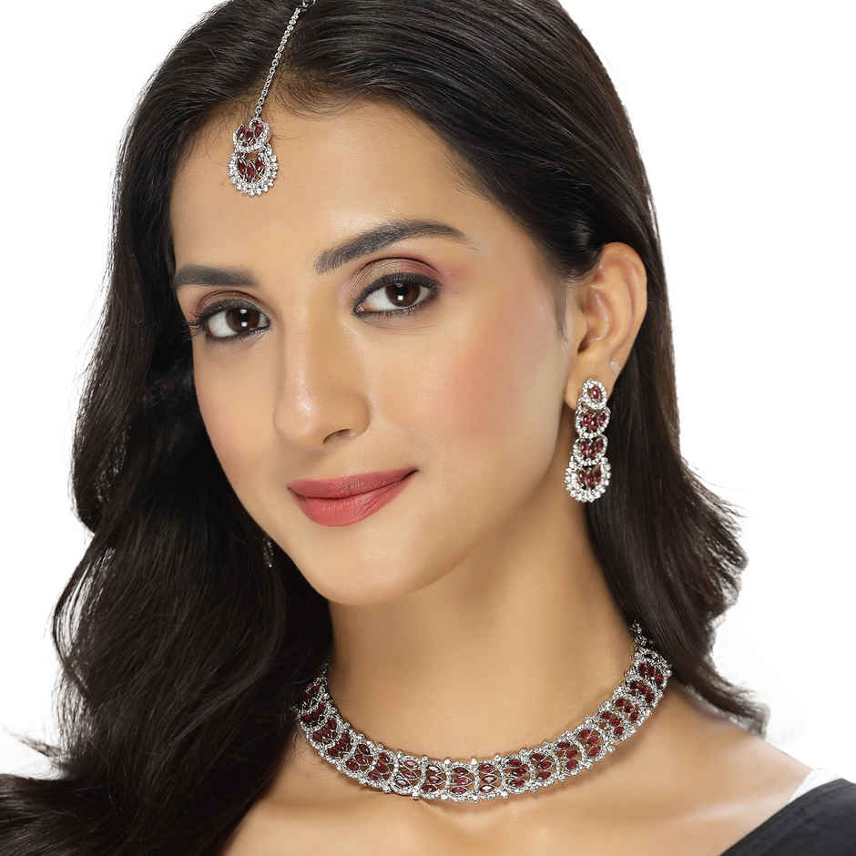 Sukkhi Beguiling Rhodium Plated Maroon Stone Studded Choker Necklace Set