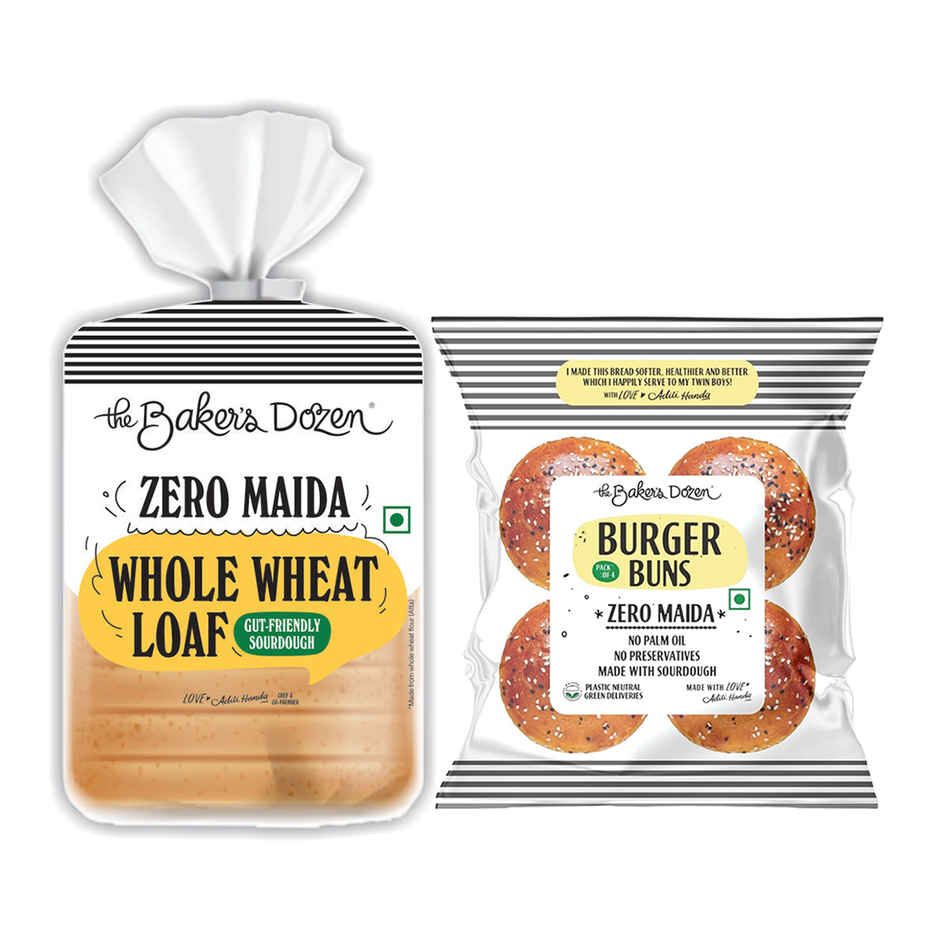 The Baker'S Dozen 100% Whole Wheat Bread - No Palm Oil No Preservative (450g) & The Baker'S Dozen Zero Maida Burger Buns No Palm Oil No Preservative 100% Wholehwheat (4pc) Combo