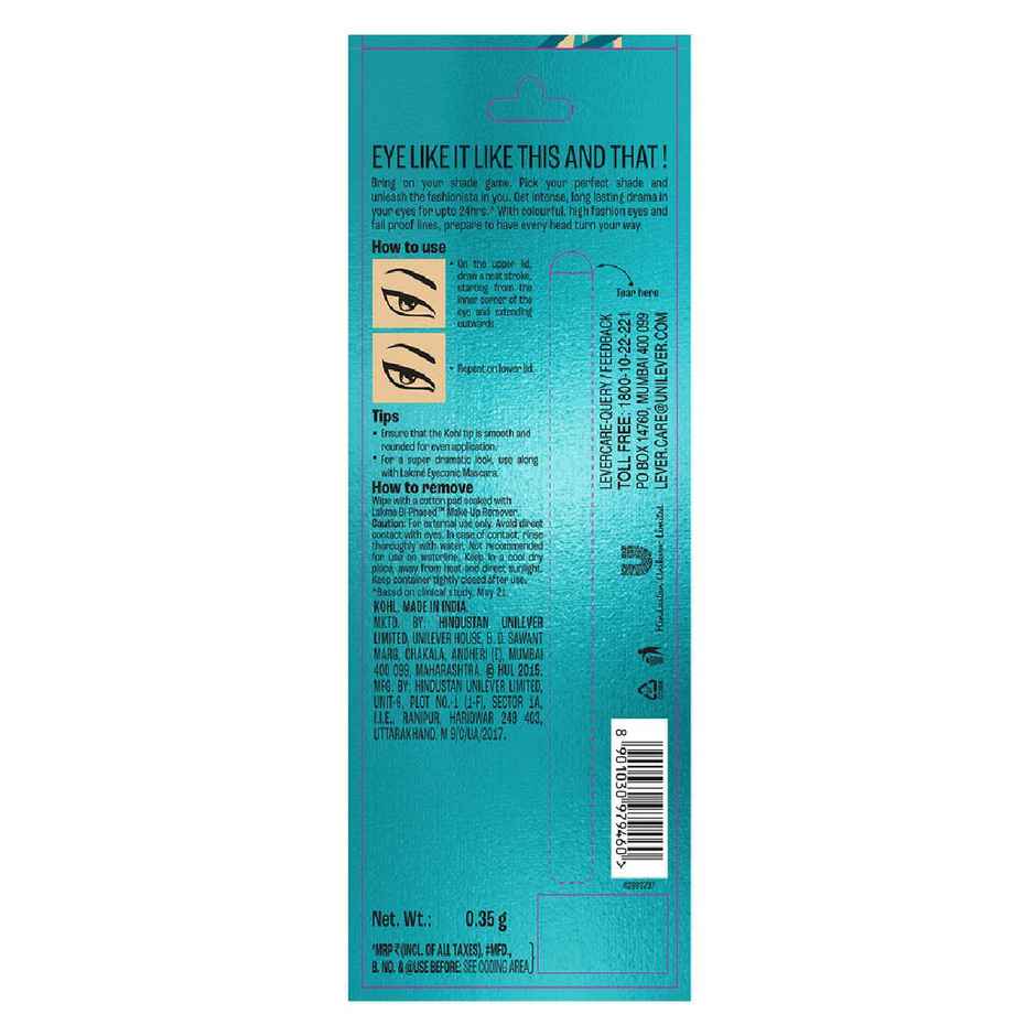 Lakme 9 to 5 Eyeconic Kajal | Smudgeproof | Waterproof | lasts upto 24 Hrs | Turquoise