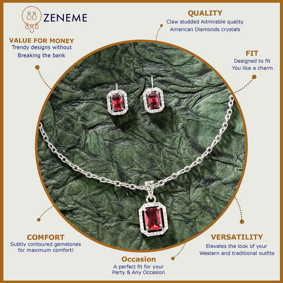 Zeneme Rhodium Plated AD Studded Luxe Sparkle Princess Cut Necklace and Earrings For Women & Girls