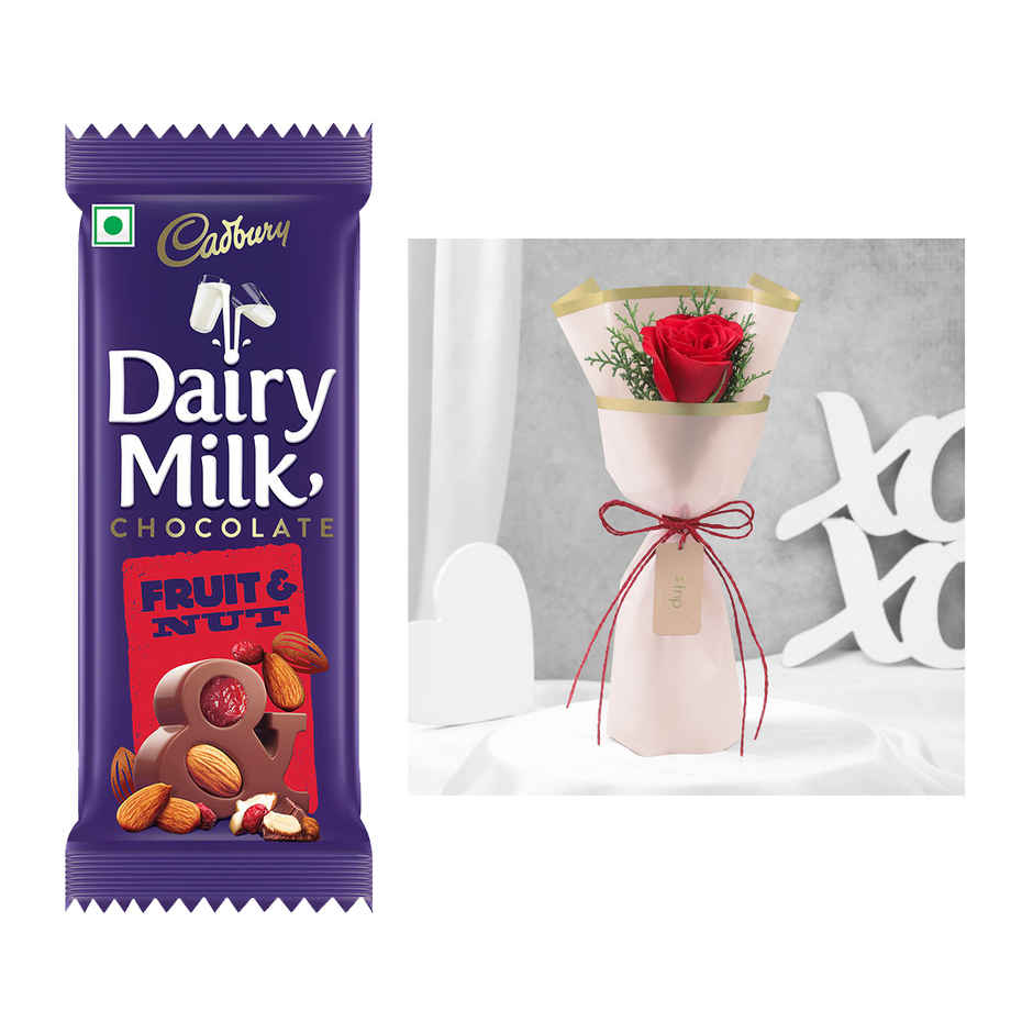 Fnp Radiant Red Rose(1pc) & Cadbury Dairy Milk Fruit & Nut Chocolate Bar(80gms) Combo
