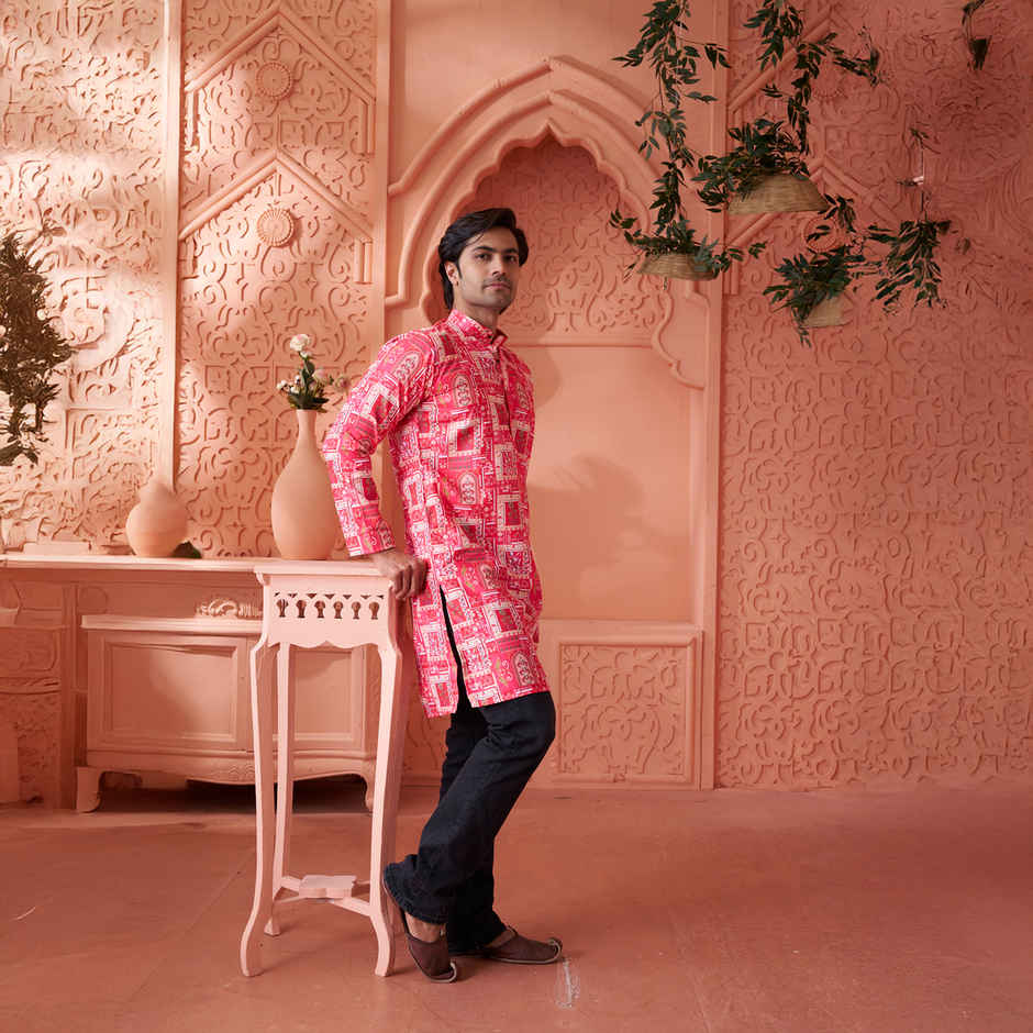 House Of Festivals Men's Printed Cotton Blend Long Kurta | Pink -L