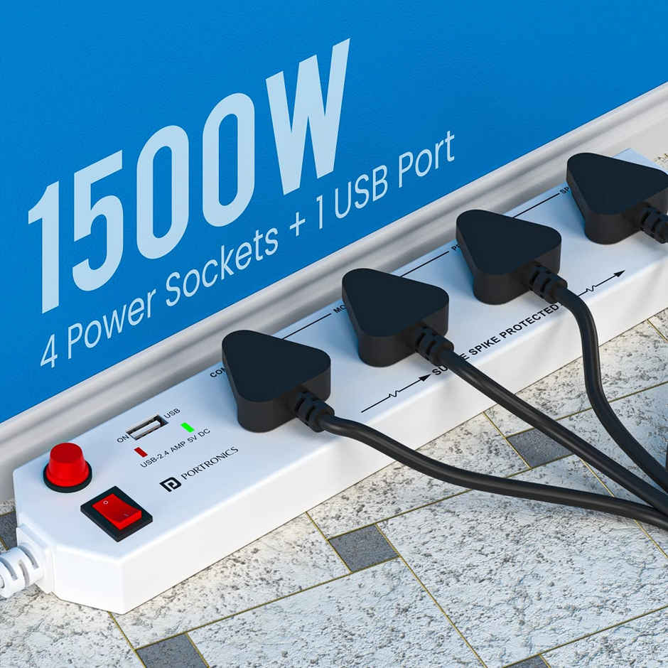 Portronics Power Plate 4 | 4 Power Sockets & 1USB Port Power Converter | 1.5 m | 1500W - White