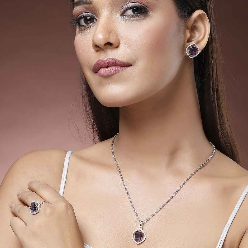 Zeneme Rhodium Plated American Diamond Studded Marquise Halo Jewellery Set For Women & Girls