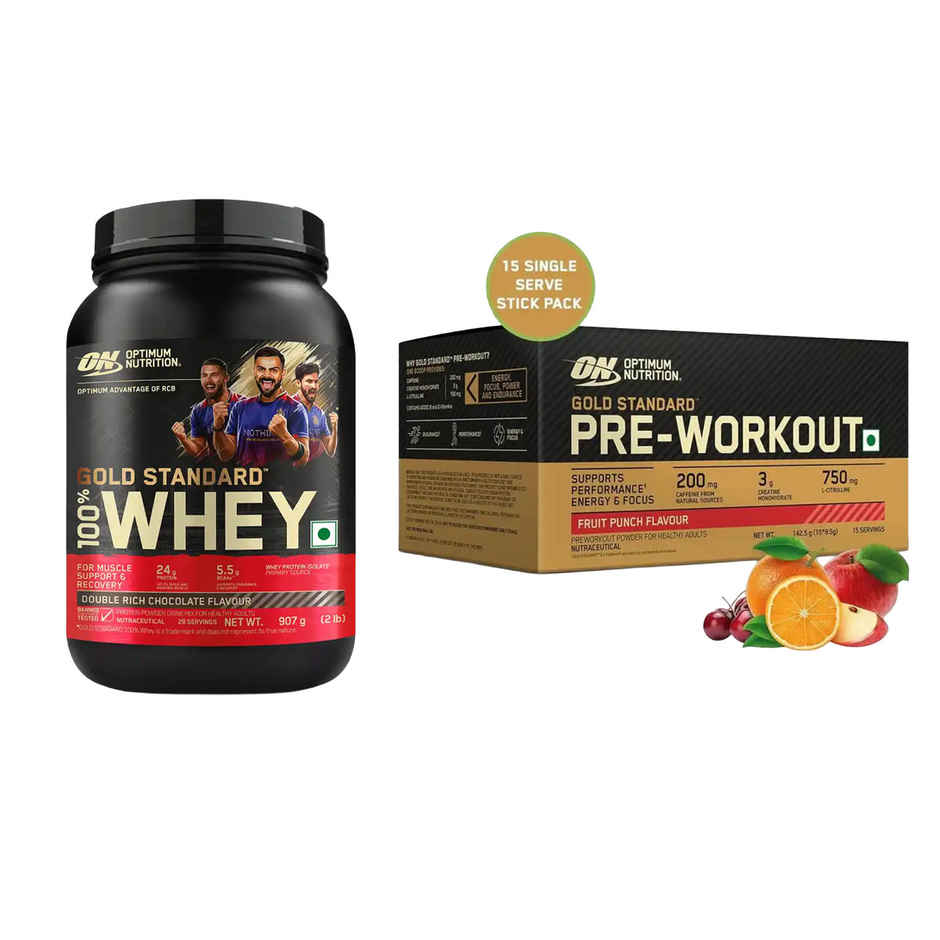 Optimum Nutrition (On) Pure Whey Gold Standard Powder Double Rich Chocolate 2 Lb (907g) & Optimum Nutrition Pre-Workout Fruit Punch Flavour (142.5g) Combo