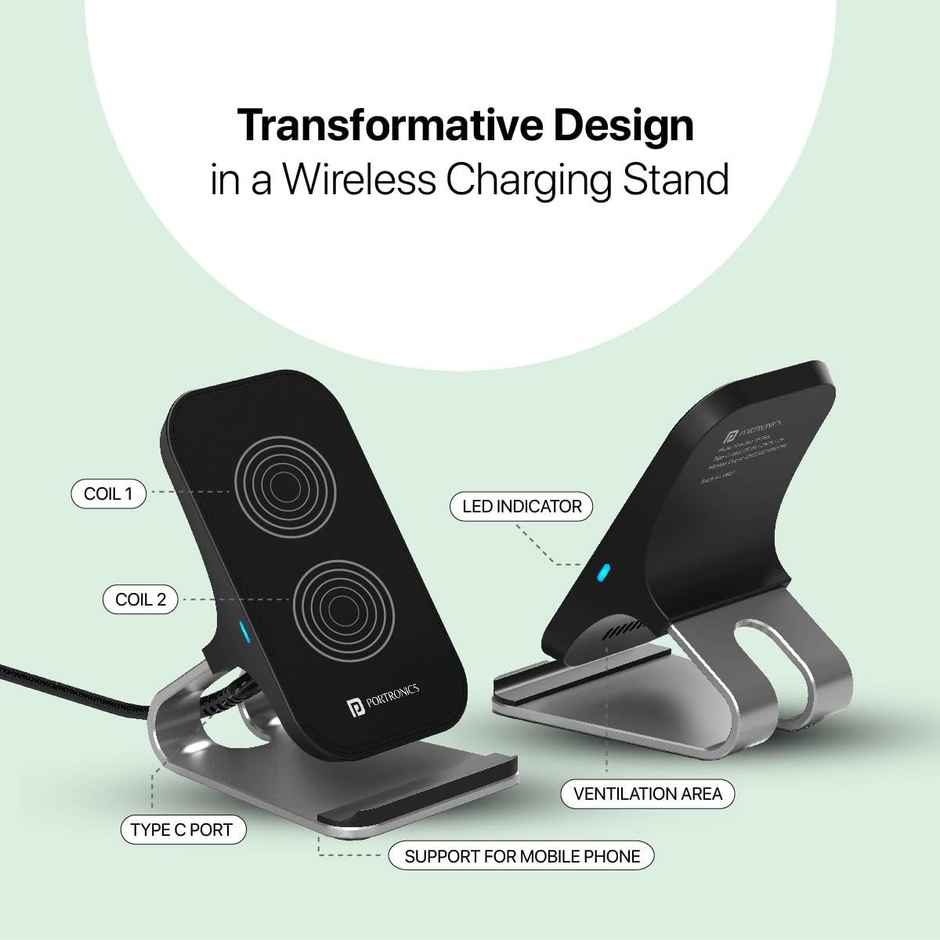 Portronics Freedom 15 Plus 15W Desktop Wireless Charger + Mobile Stand with Dual Coil(Silver & Black)
