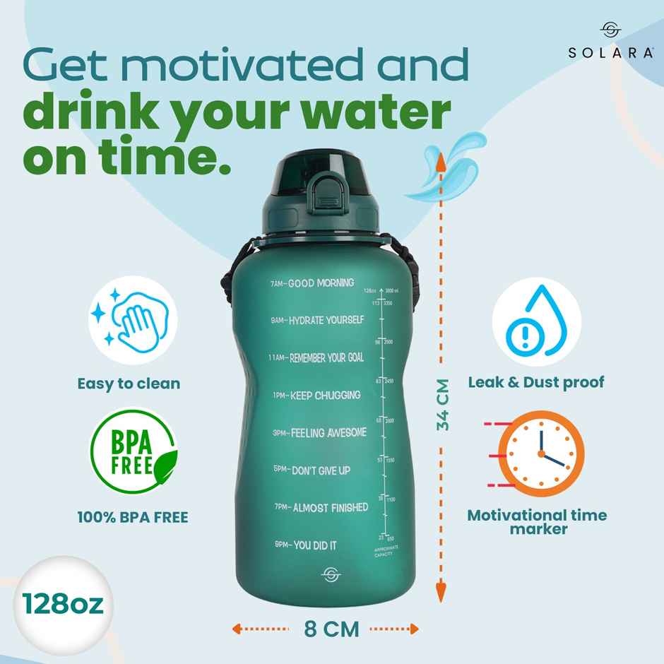 Solara Plastic Motivational Water Bottle | Bottle Green | 3.8 L