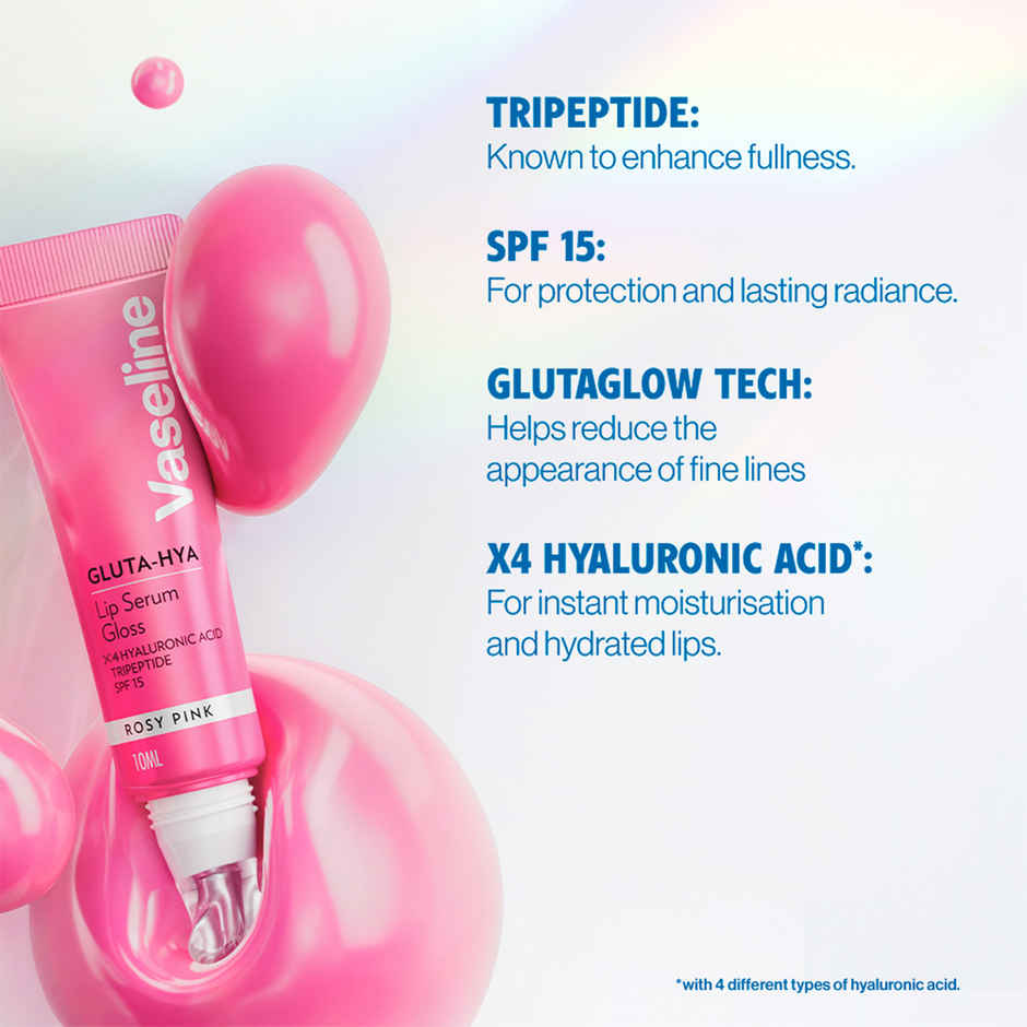Vaseline Gluta-Hya Rosy Pink Lip Serum Gloss | 4X Hyaluronic Acid & Tripeptide | SPF 15