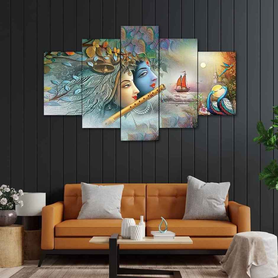 Perpetual Radha Krishna 3D Wall Painting Set of 5 | Framed Decor for Living Room | 75x43 cm