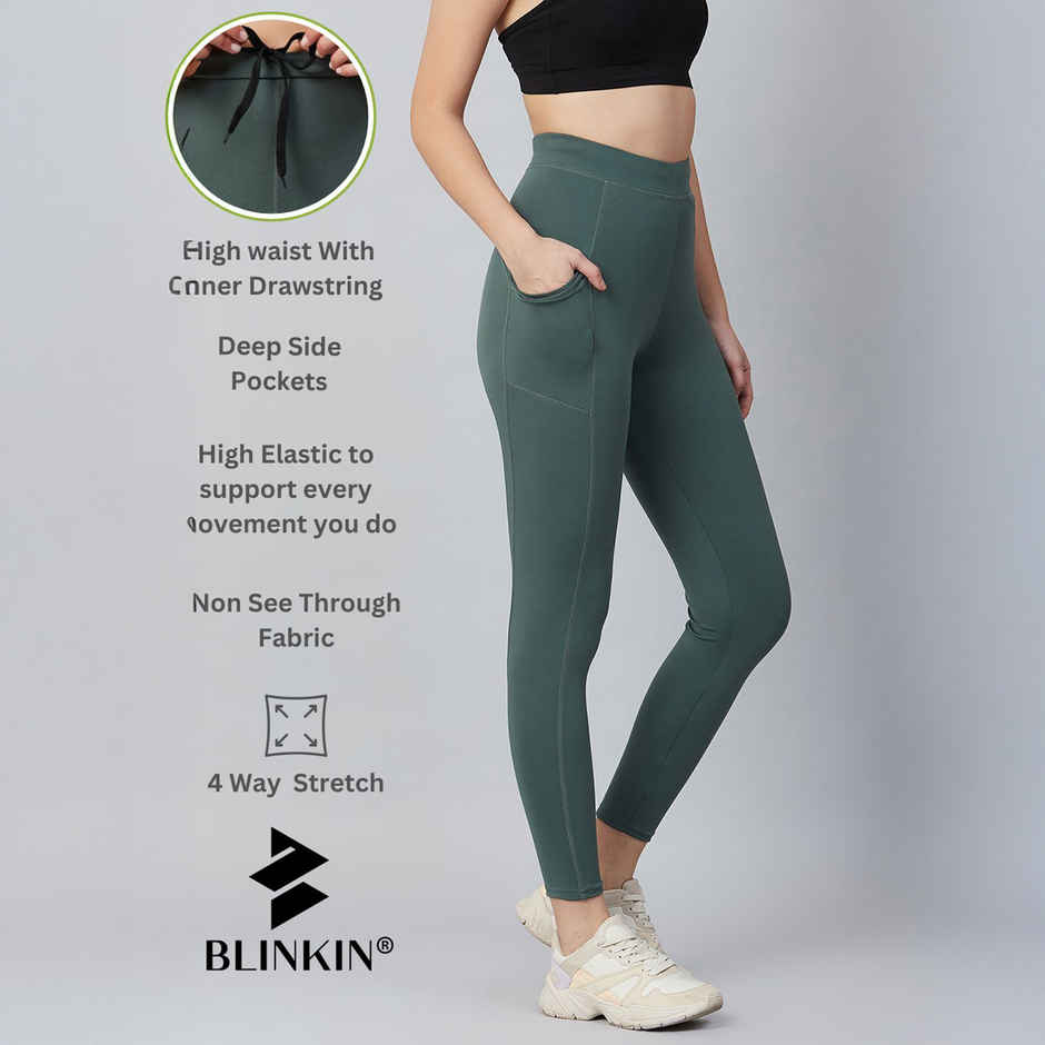 Blinkin Women's Gym Pants & Tights - Dark Green | Stretchable | With Side Pockets | M