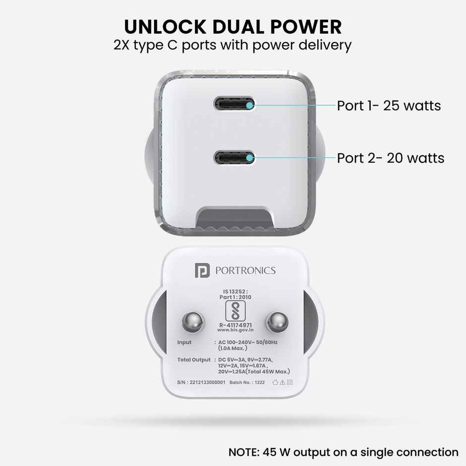 Portronics Adapto 4, Dual Ports High Power Pd Charger - White