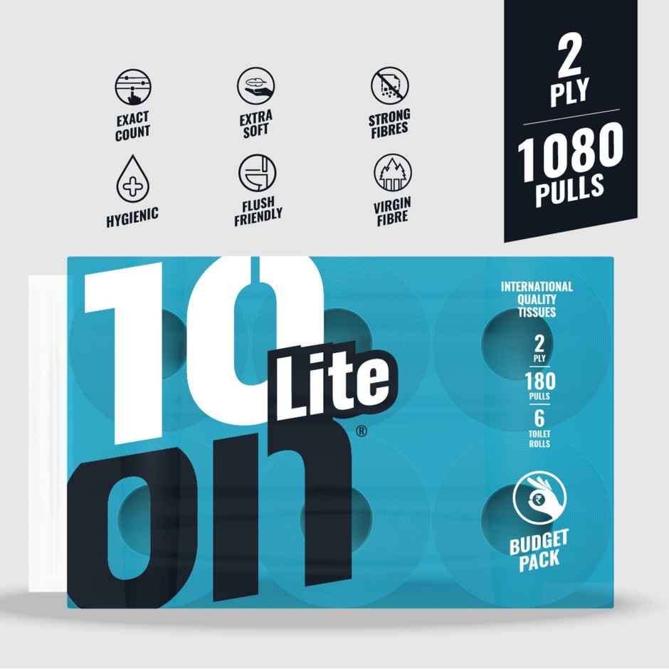 10On Lite 2 Ply Toilet Rolls | 180 Pulls Each | Pack of 6 Rolls
