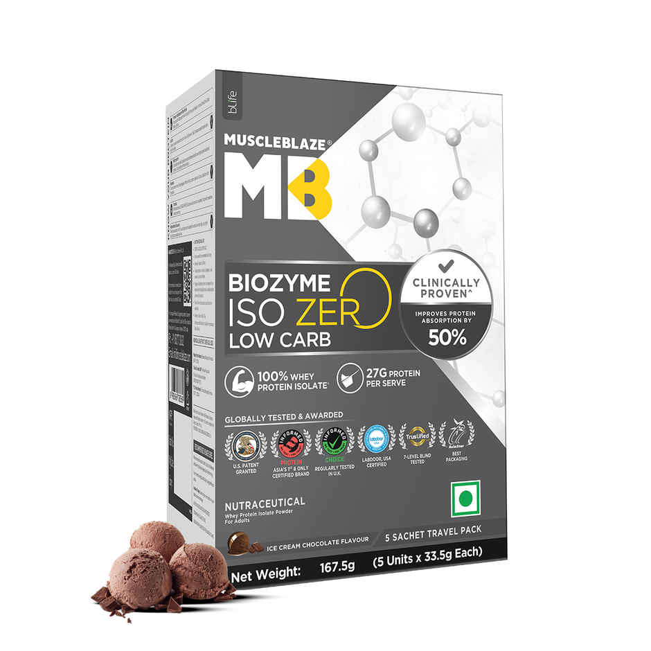 MuscleBlaze Biozyme Iso Zero Whey Protein Isolate Ice Cream Chocolate 5 Sachet Travel Pack