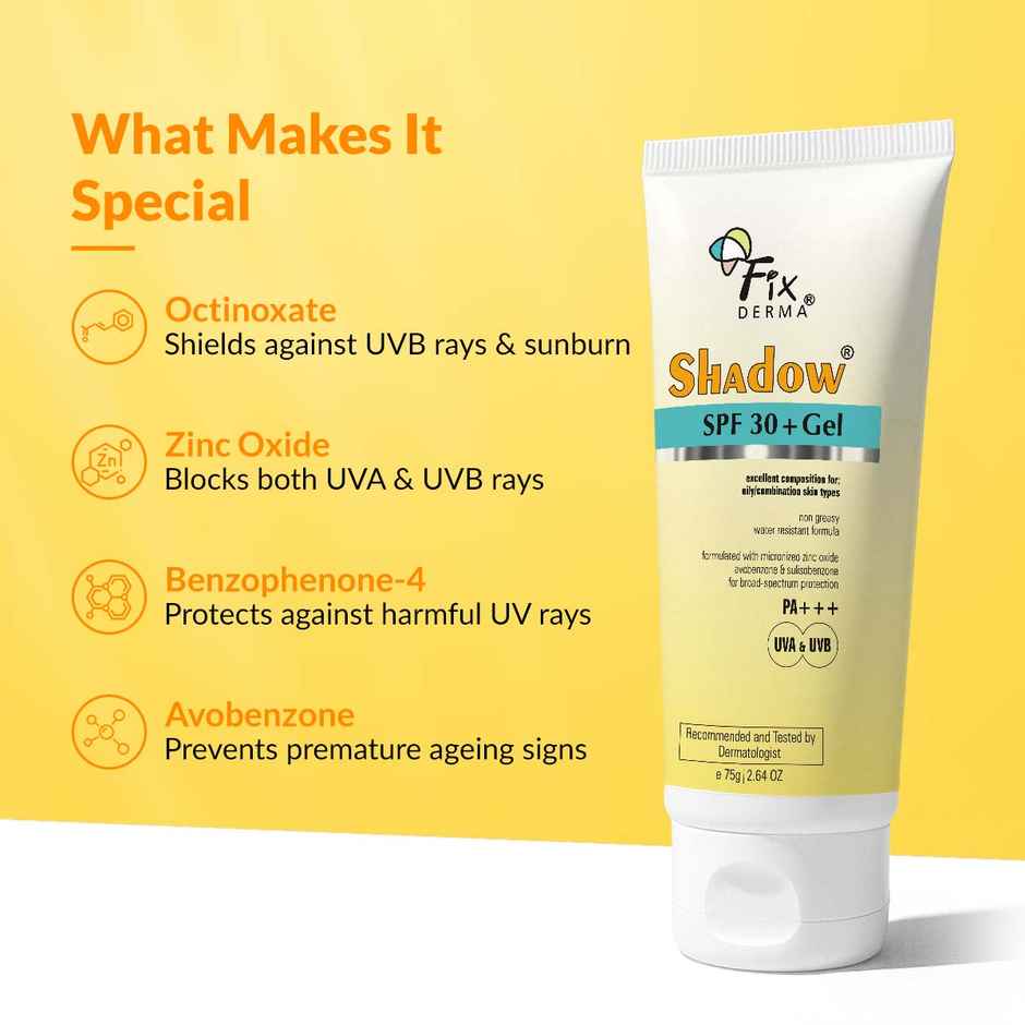 Fixderma Shadow Sunscreen SPF 30+ PA+++ Gel, Light Weight For Oily & Acne Prone Skin