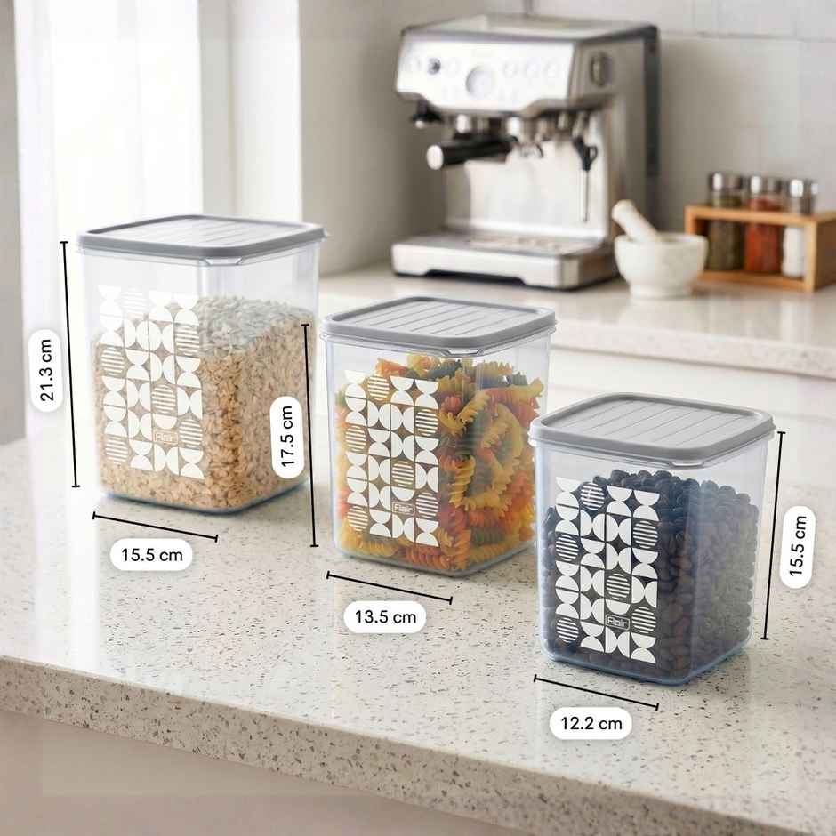 FLAIR Plastic Storewell Square Containers Set | Grey - 2 L , 3L & 4 L