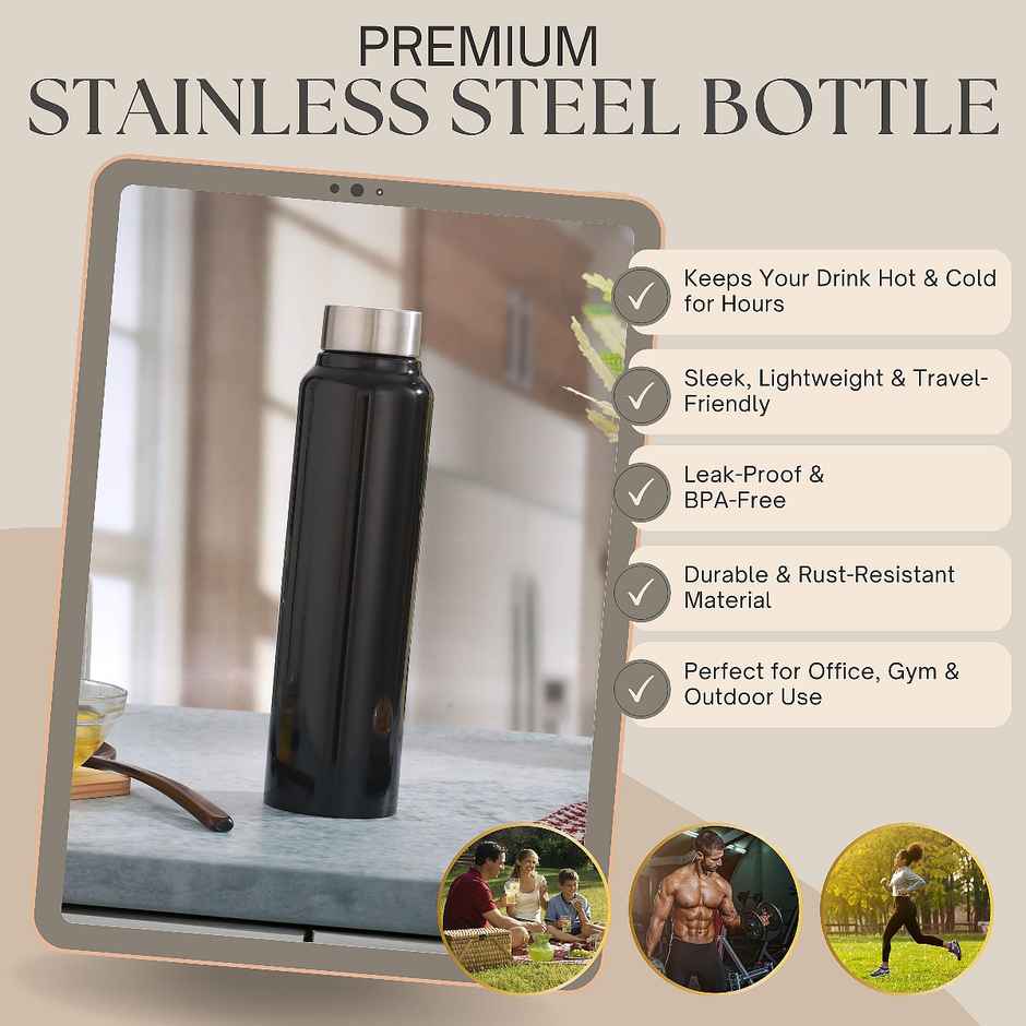 Jensons Stainless Steel Single Wall Classic Bottle | Black | 1 L