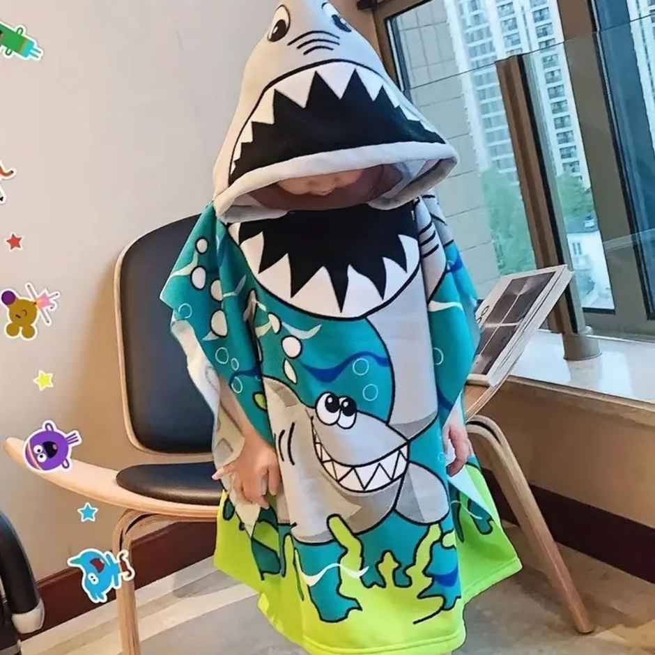 Famyo Hooded Poncho Towel, Cute Shark Design for Kids - 1 to 7 Years, 60 x 60 cm