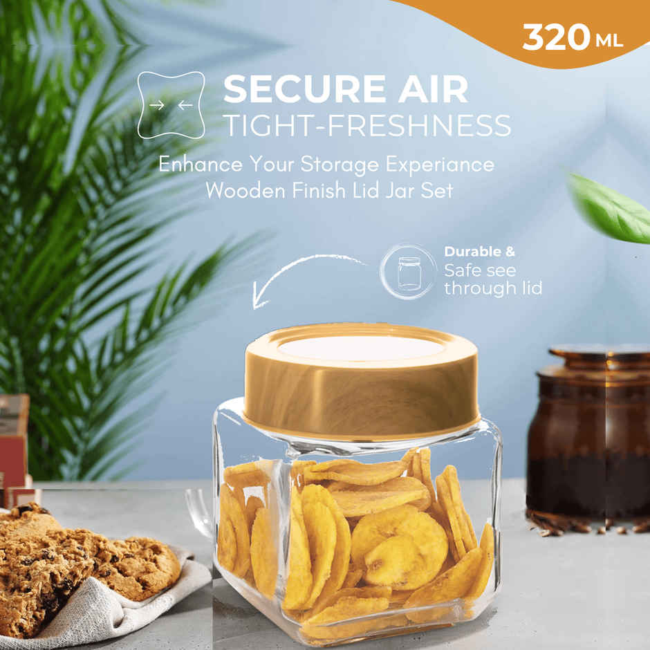 YERA GLASSWARE Premium Woody Airtight Storage Jar Set with Wooden See Through Lids - 320 ml