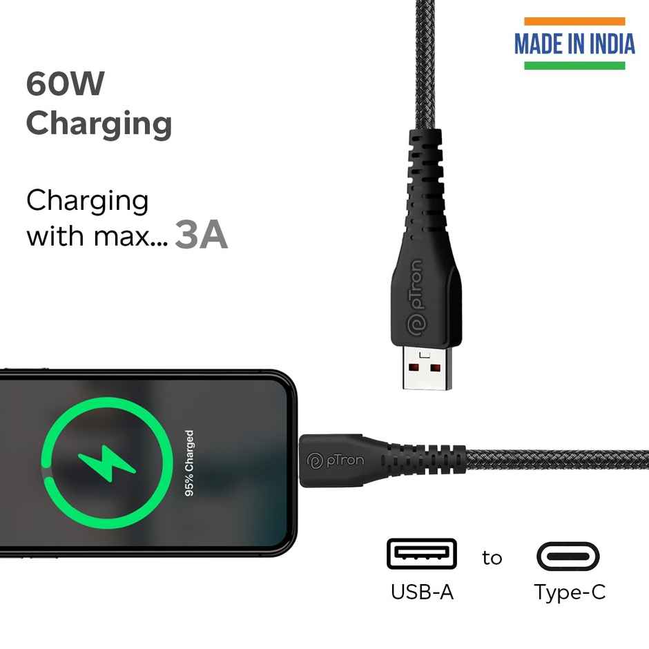 pTron Solero Braid 60W Type C Fast Charging Cable 1.5m For Samsung,OnePlus,Oppo,Vivo, Xiaomi - Black