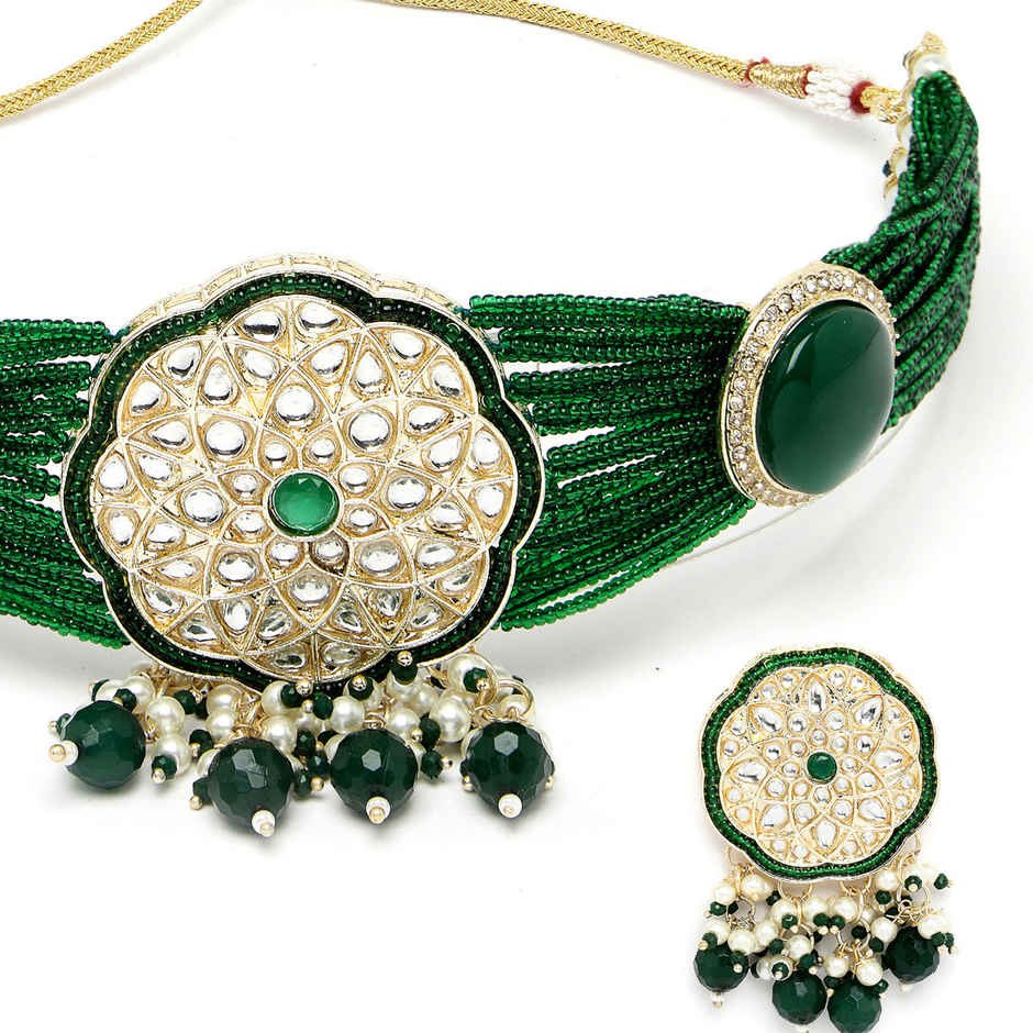 Sukkhi Wondrous Gold Plated Green Kundan & Beads Studded Choker Necklace Set