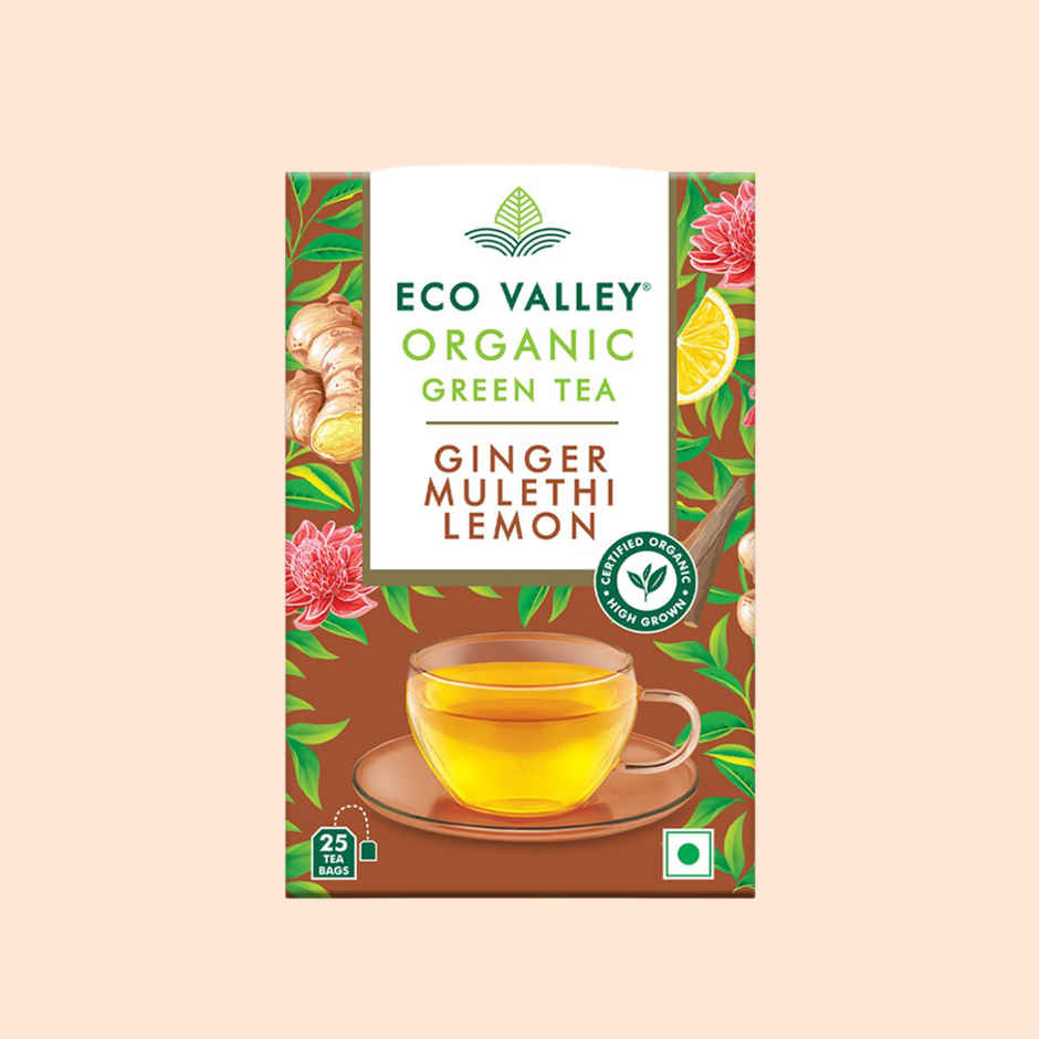 Eco Valley Organic Green Tea- Ginger Mulethi Lemon| Boost Energy, Helps Burn Body Fat| Zero Calories