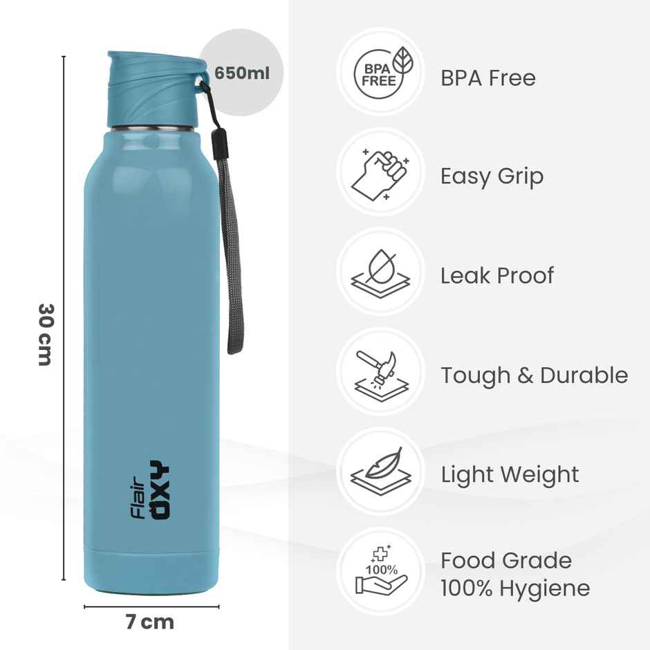 Flair Oxy Stainless Steel Inner Insulated Water Bottle | Blue | 900 ml