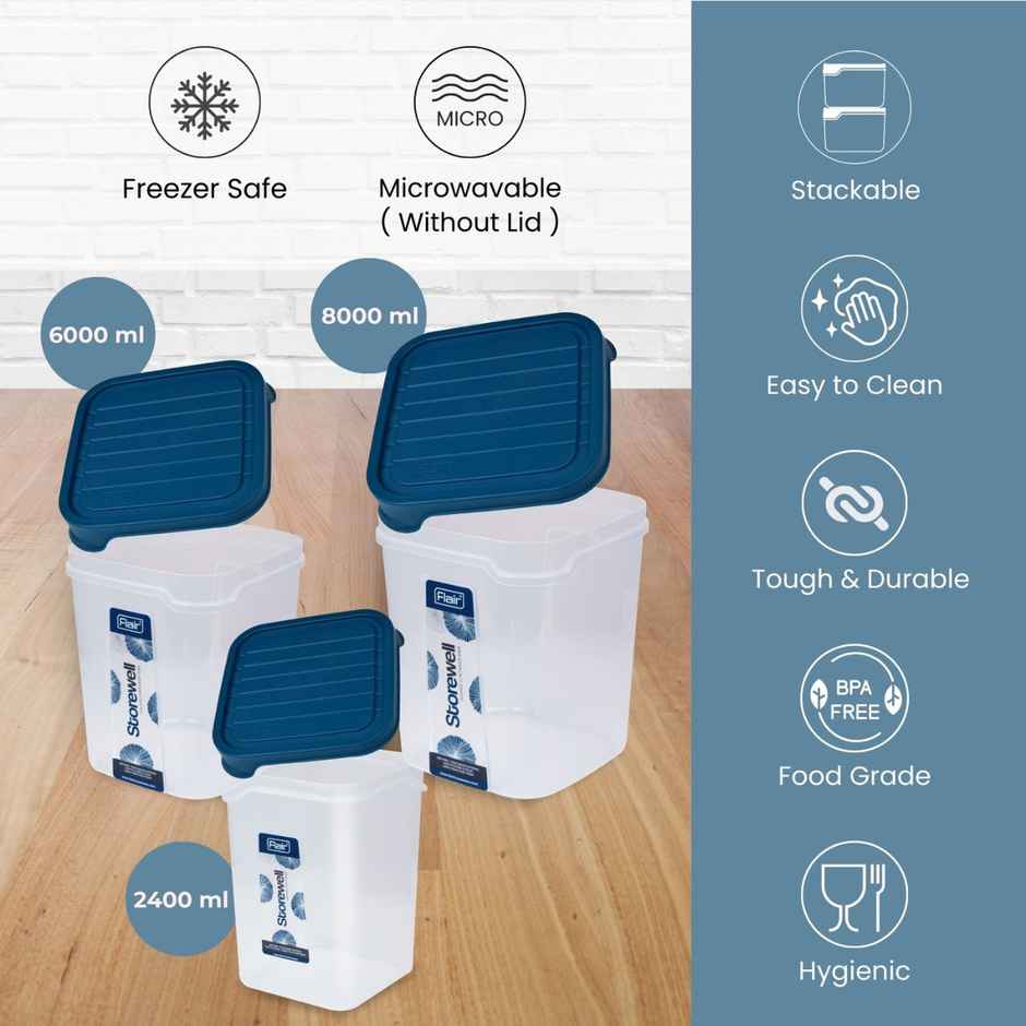 FLAIR Plastic Storewell Square Food Storage Containers Set | Blue - 2400 ml, 6 L & 8 L