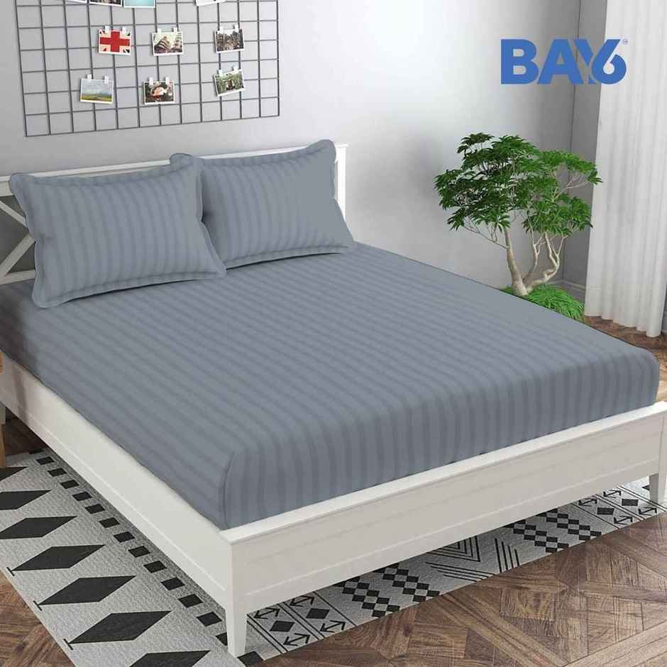 BAY6 Microfibre Solid Stripe Double Bedsheet - Grey | 220 x 240 cm + Two Pillow Covers