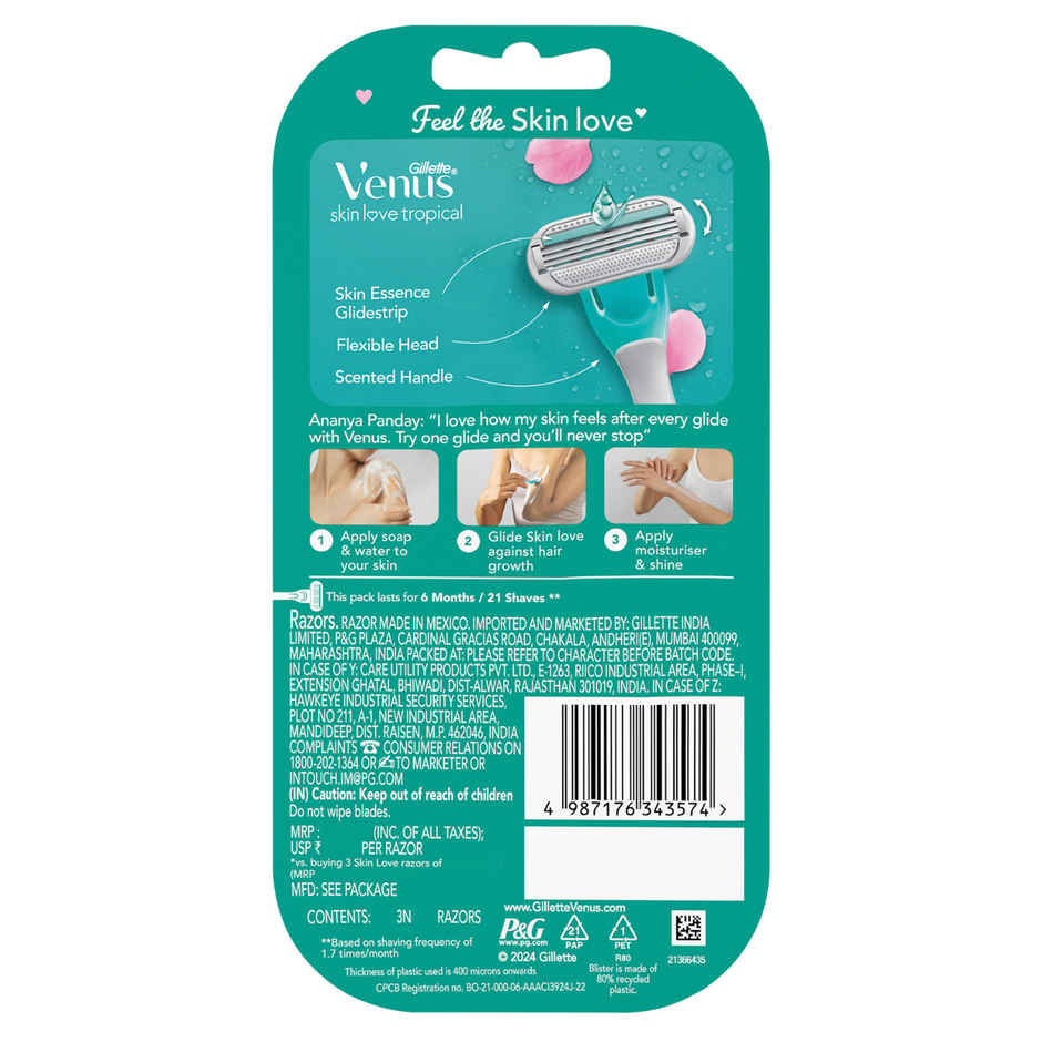 Gillette Women's Venus Skin Love With Skin Essence Razor For Hair Removal - Green