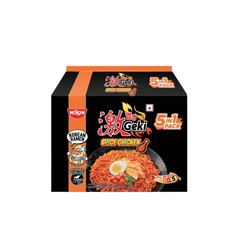 Nissin Geki - Hot and Spicy Korean Chicken Flavoured Ramen Instant Noodles | 5 in 1 pack Combo
