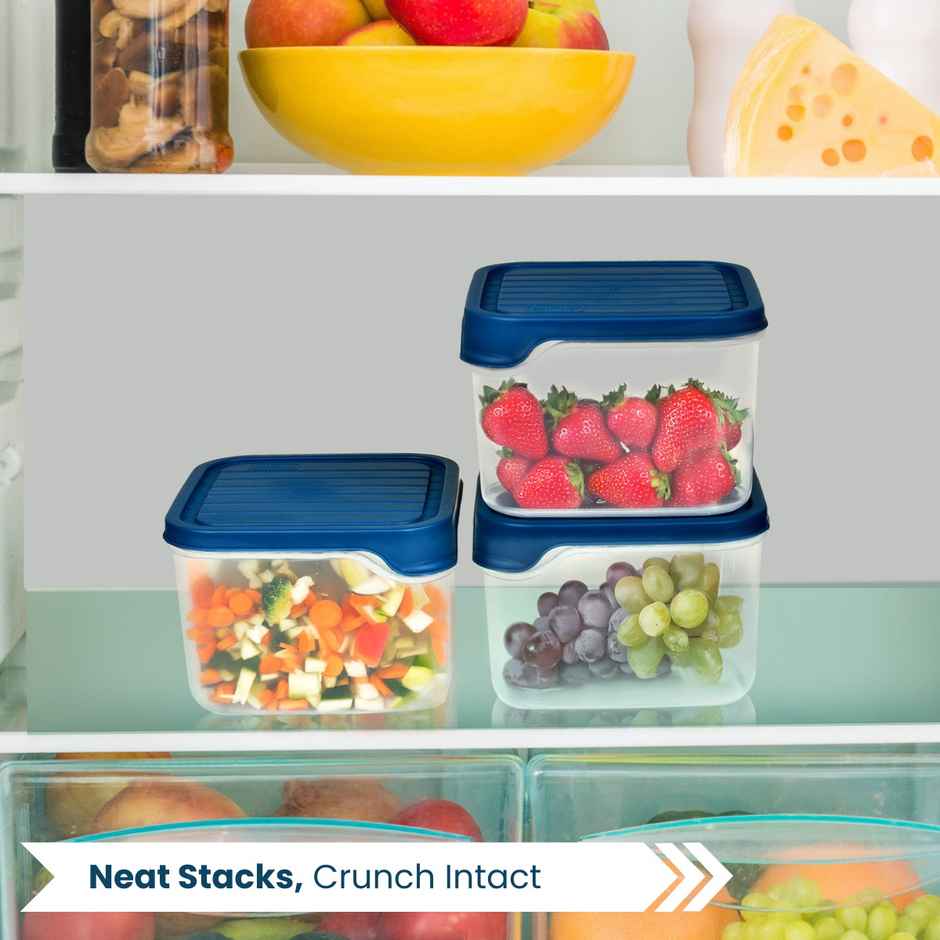 Flair Plastic Storewell Square Food Storage Containers 1150Ml - Set Of 3, (Blue), Food Grade