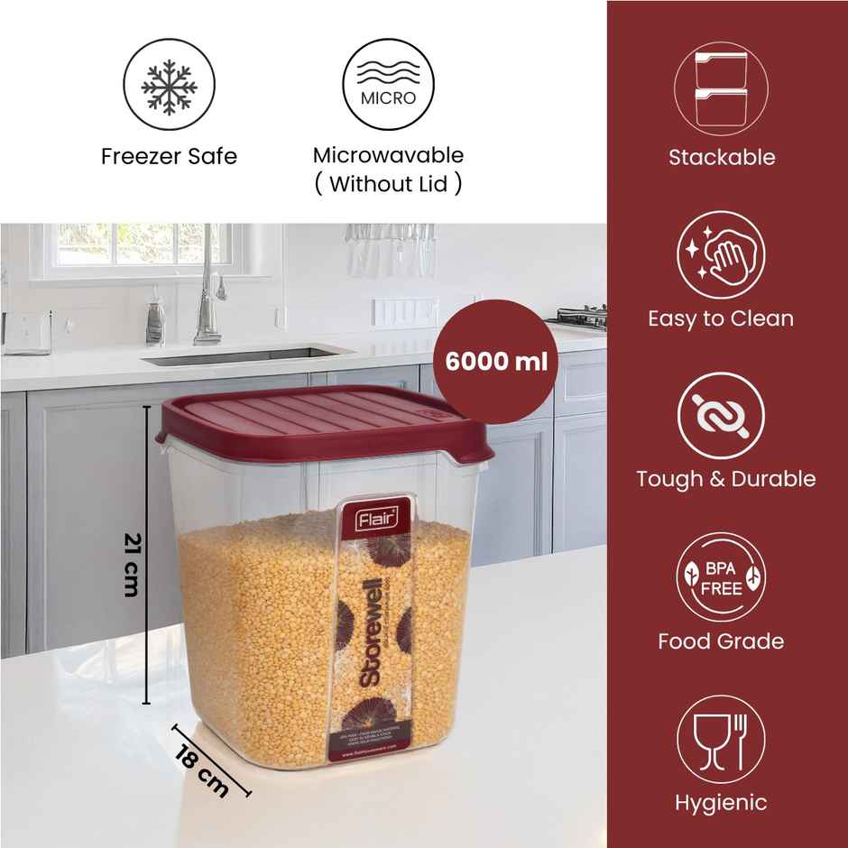 Flair Plastic Storewell Food Storage Containers 6000 ml (Maroon), Bpa Free, Spices Grains