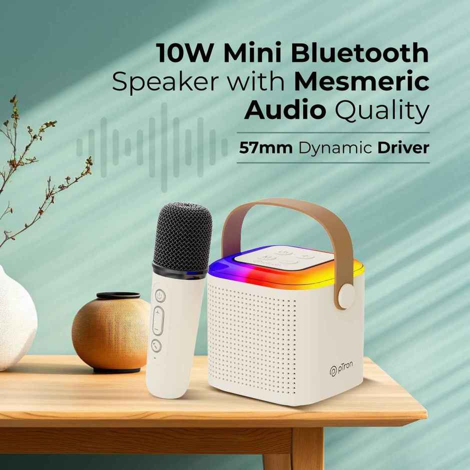 Fusion Tunes Bluetooth Speaker | 10W Output | Wireless Karaoke Mic | RGB Lights | 8 Hrs Playtime | Cream