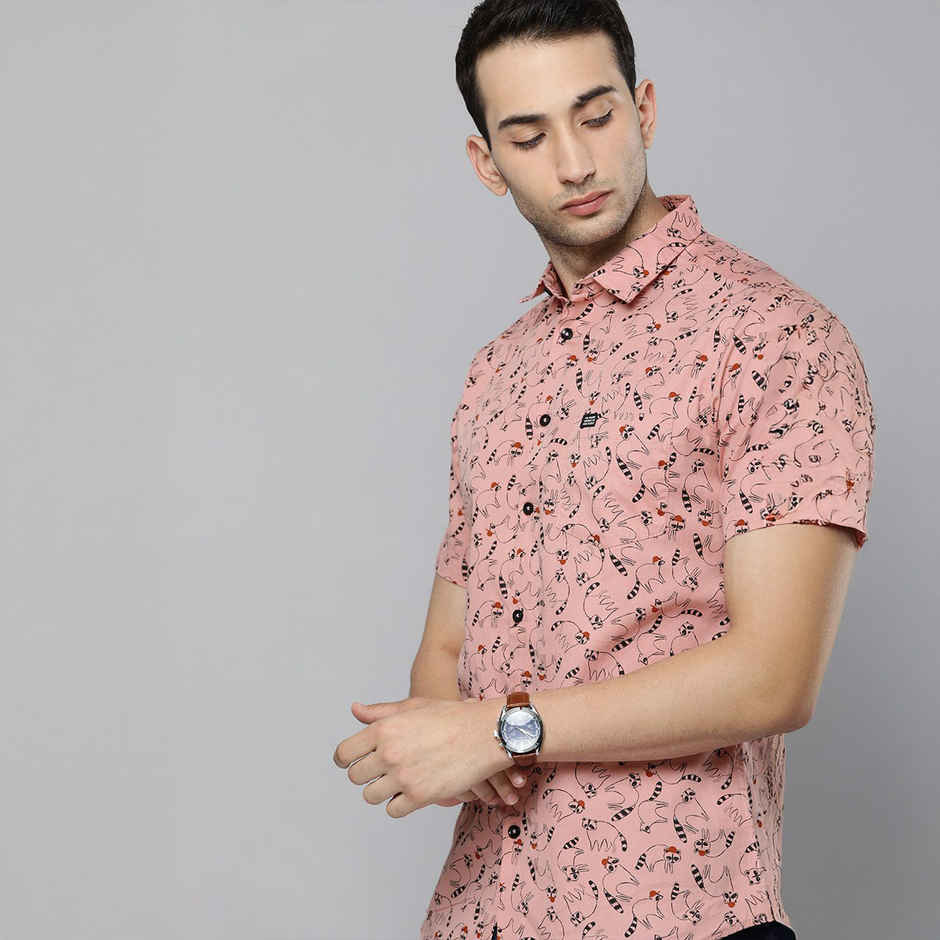 The Indian Garage Co Men's Slim Fit Animal Print Casual Half Sleeve Shirt | Pink - XL