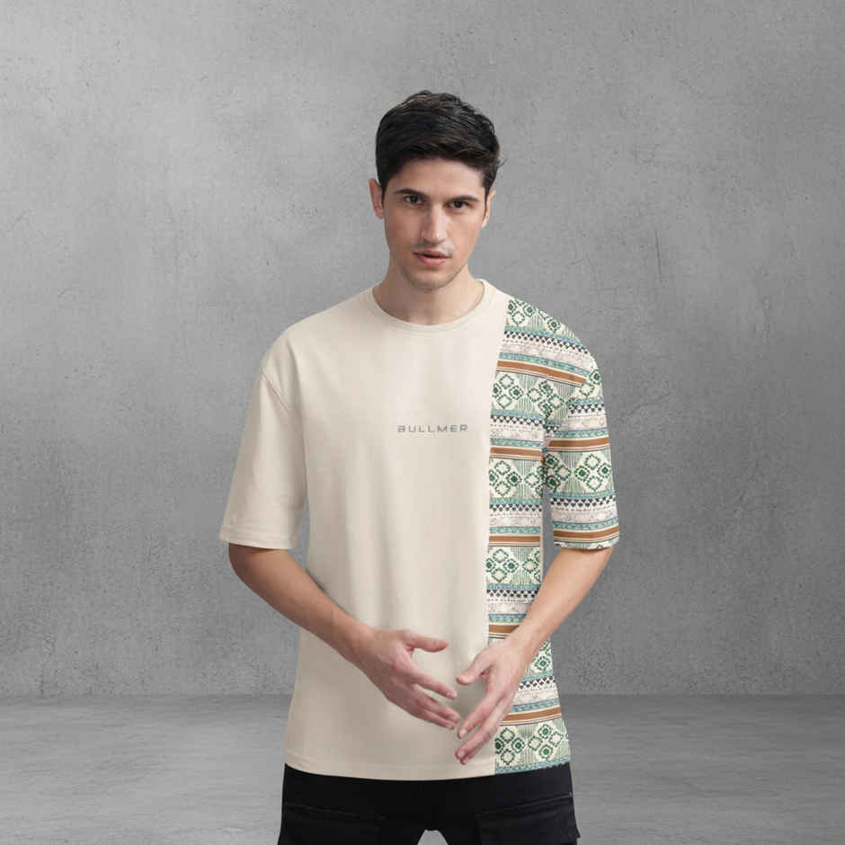 Bullmer Men's Oversized T-shirt Front and Back Printed | Beige | L