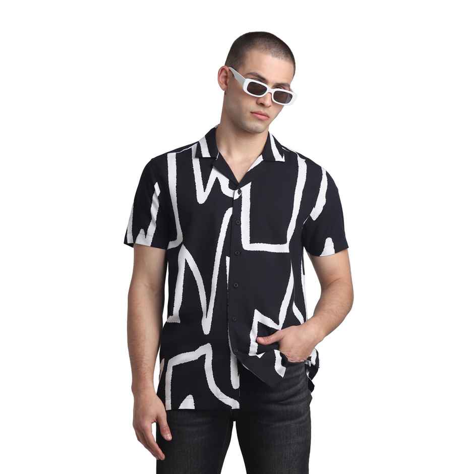 JACK & JONES Men's Abstract Print Short Sleeves Shirt | Black - XL