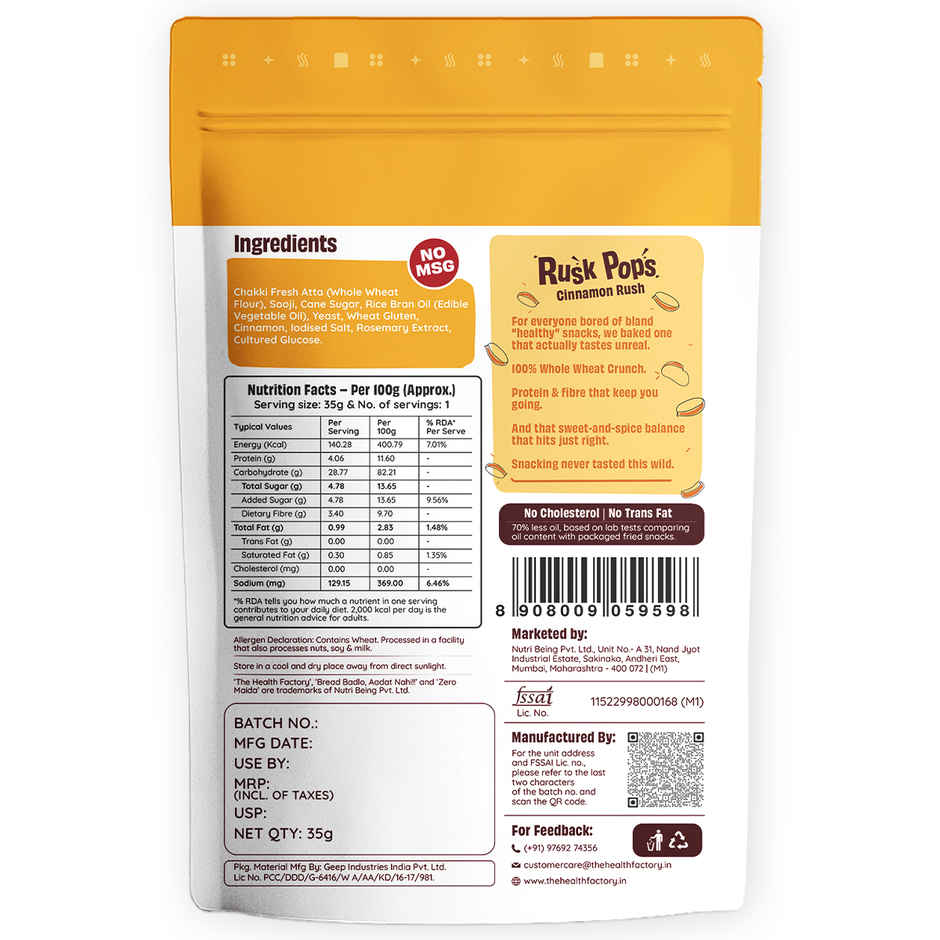 The Health Factory Zero Maida Rusk Pops- Cinnamon Rush