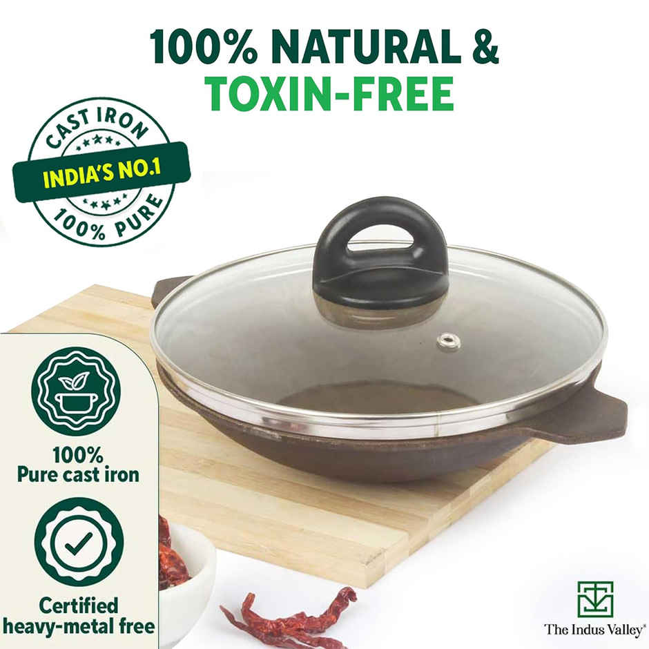 The Indus Valley Pre-Seasoned Cast Iron Appam Pan With Glass Lid | 25.4 Cm/10 Inch, 1.5Kg