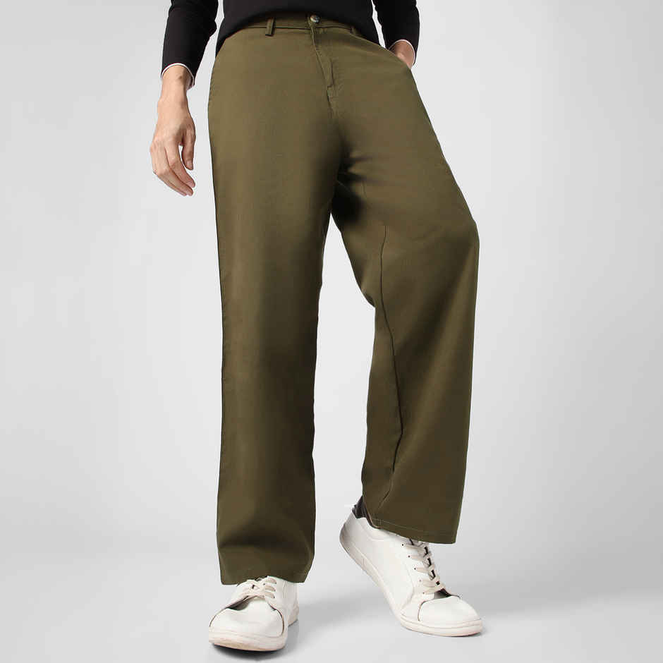 Urbano Fashion Men's Chino Trousers Loose Baggy Fit Solid Non-Stretchable | Dark Olive | 32
