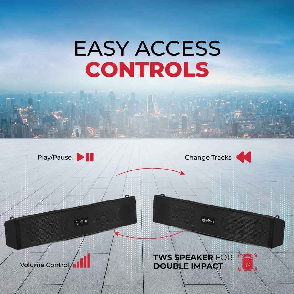 pTron Fusion Wave 16W Mini Bluetooth Soundbar w/ 19 Hrs Playback, Mini Wireless Soundbar for Phone/TV/Laptop/Tablets/Projectors, BT5.0/Aux/TF Card/USB Drive Playback & TWS Function - Black