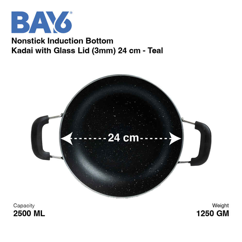 BAY6 Nonstick Kadai | 24 cm | Glass Lid | Teal | Induction Compatible