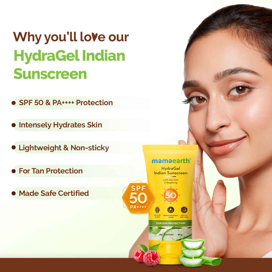 Mamaearth HydraGel Indian Sunscreen SPF 50, with Aloe Vera & Raspberry for Tan Protection