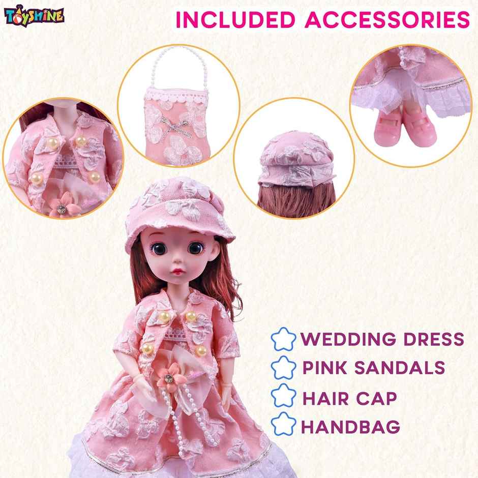Toyshine Cute Doll with 3D Eyes & Beautiful Wedding Dress | With Movable Joints | 12 Inch | Pink