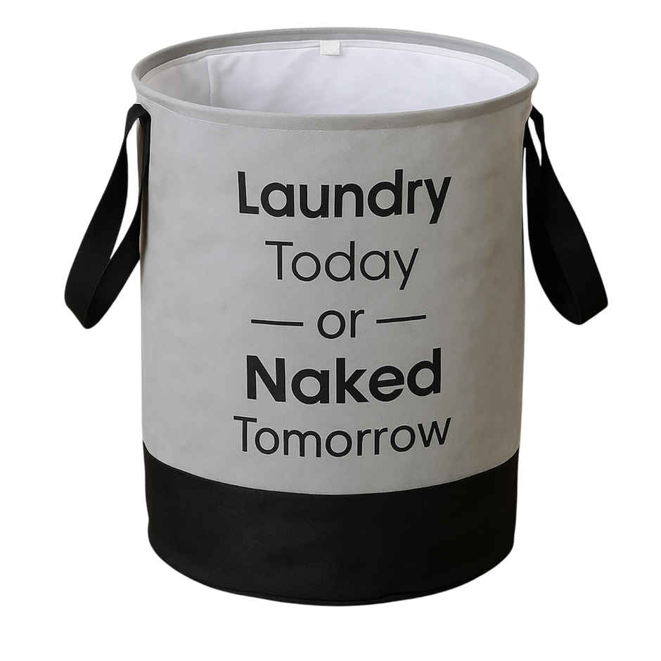 Kuber Industries 45 Liter Waterproof Round Non Wovan Laundry Bag/Hamper With Handles | Grey & Black