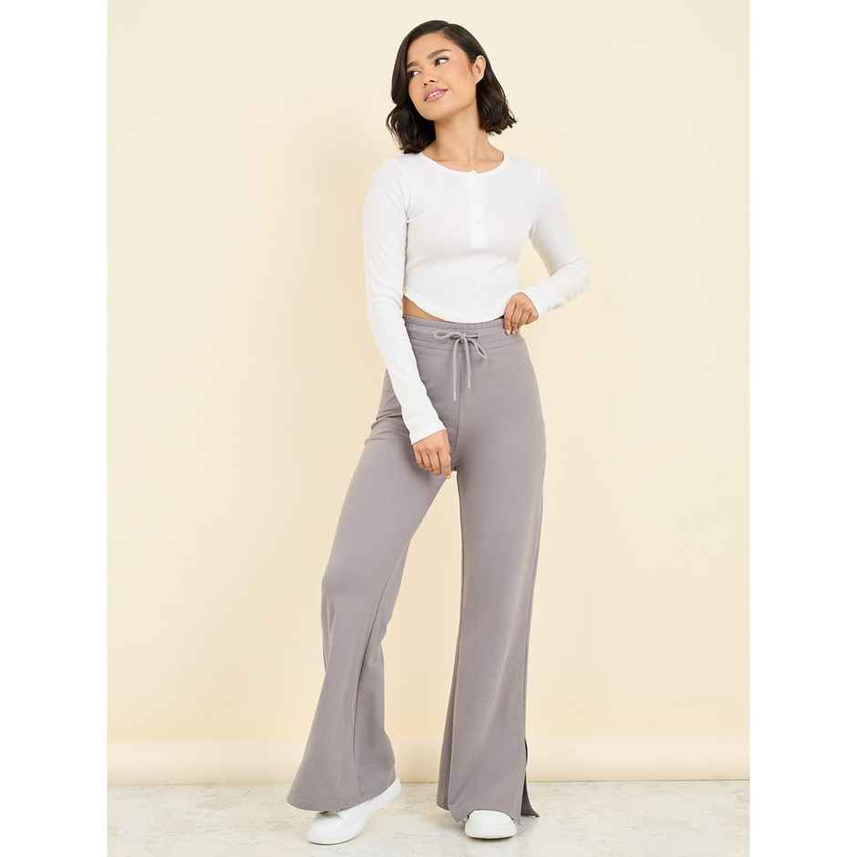 Styli Women's Slim Fit Joggers with French Terry Fabric and Hem Slit | Grey Melange - S