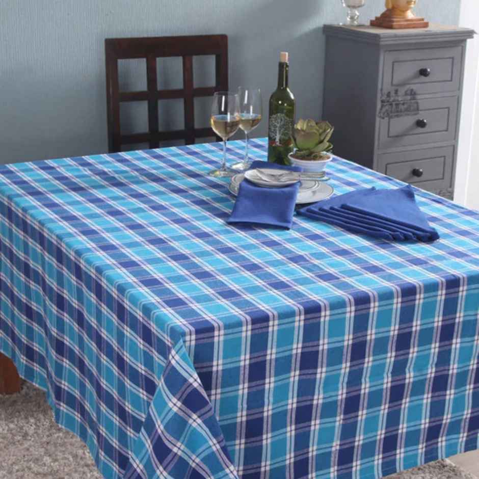 Lushomes Table Cover Set - 6 Seater | Blue Checks | 16 x 16 inch