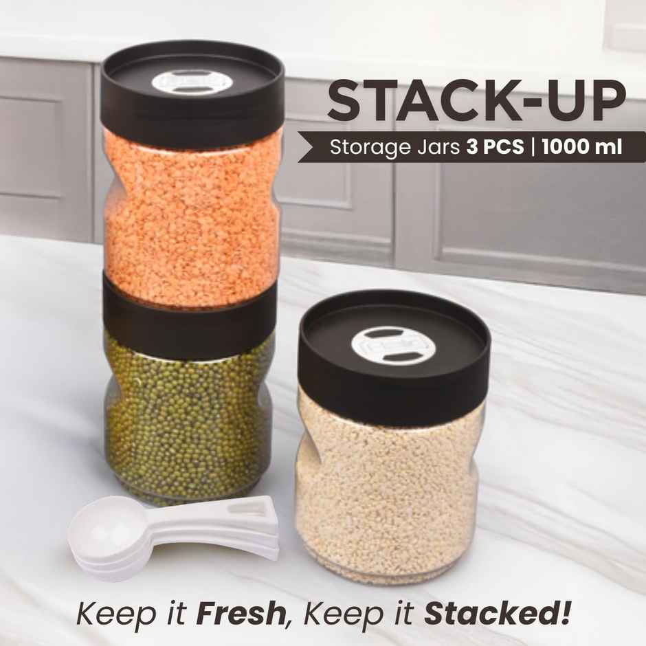Flair Plastic Stackup Pet Jar Set Of 3 Pcs 1000 ml (Brown), Transparent