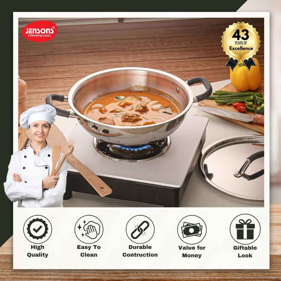 Jensons Triply Stainless Steel Kadai 26 cm with Lid | Induction Friendly | Cap 3.5L