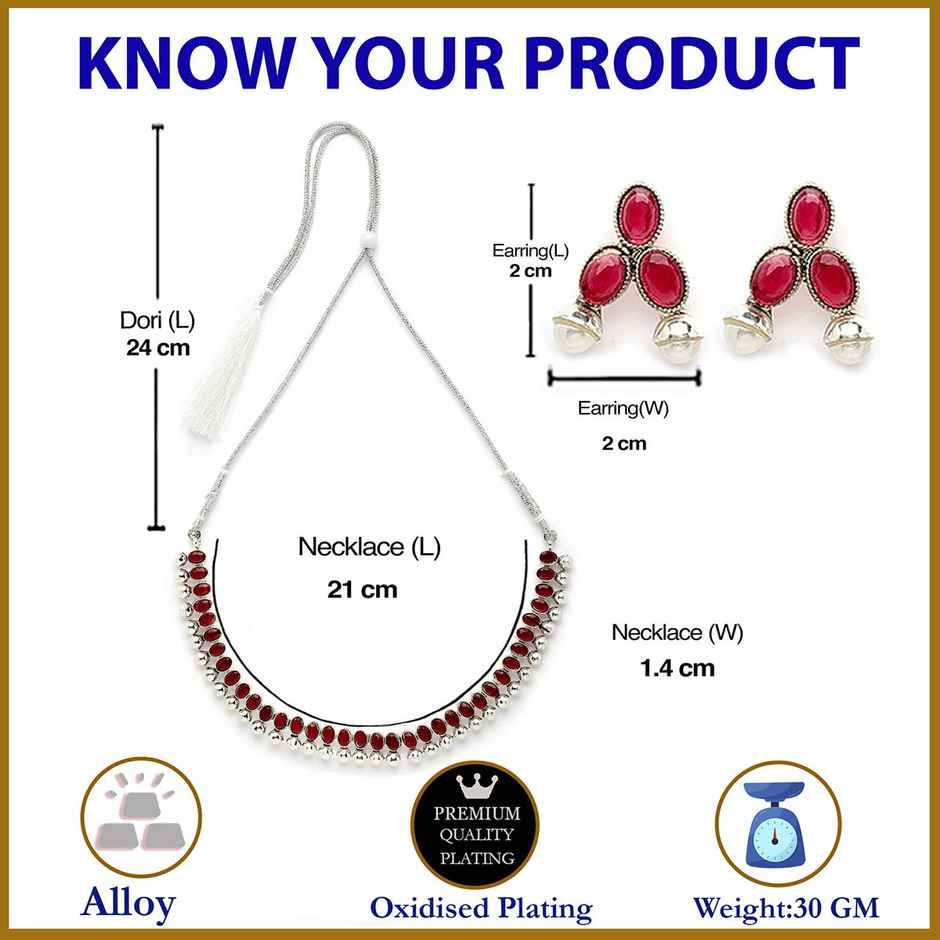 Zeneme Oxidised Silver Traditional Red CZ Necklace With Earrings Jewellery For Women & Girls