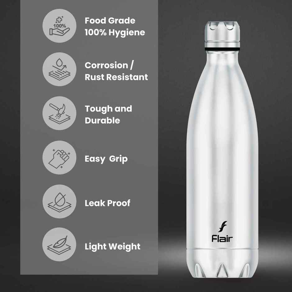 Flair Thermosteel Triumph 500Ml Insulated Bottle Silver & Black, Keeps Drinks Hot For 12 Hours